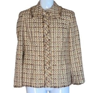 Dana Buchman Blazer Women's 4 Gold Glitter Brown Textured Raw Hem Pocket Lined